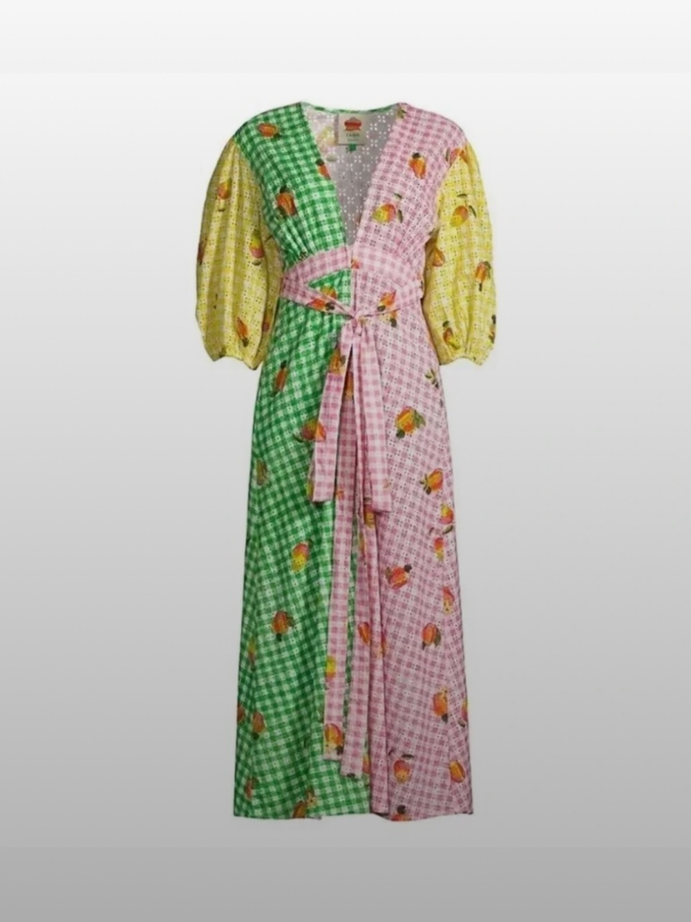 FARM Rio Green Pink Yellow Gingham Fruit Print Maxi Dress Tie Waist Size S - Picture 3 of 6